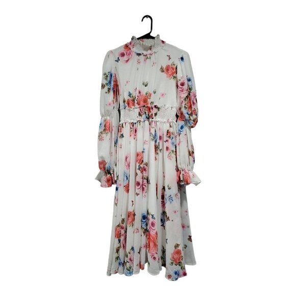 Shein Women's White Shear Floral High Neck Long Puff Sleeve Peasant Maxi… - Picture 1 of 12